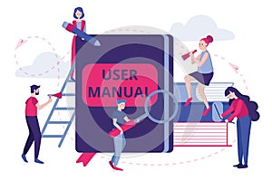 User manual concept. Team of specialists make up the user manual. Flat Vector.