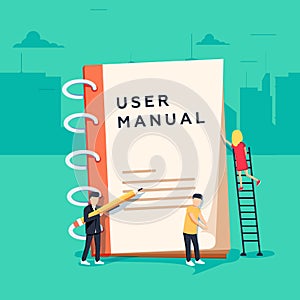 User manual flat style vector concept. People, surrounded with some office stuff, are discussing content photo