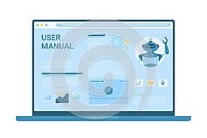 User manual guide on laptop desktop, web guidance service with tutorials and robot