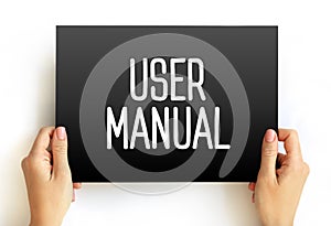 User Manual - intended to assist users in using a particular product, service or application, text on card