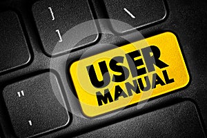 User Manual - intended to assist users in using a particular product, service or application, text concept button on keyboard