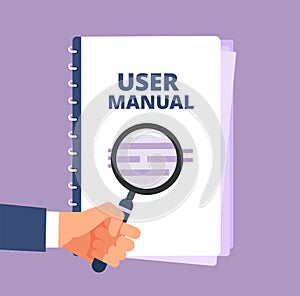 User manual with magnifying glass. User guide document and magnifier. Handbook, handbook, instruction and guidebook