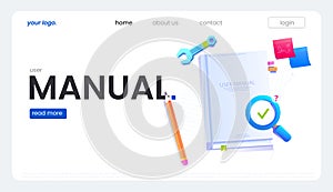 User manual for paper booklet. Vector illustration banner. Guide book top view, near a magnifying glass with a question