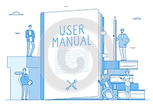 User manual. People with guidance guided textbook. User reading guidebook and writing technical instructions. Vector