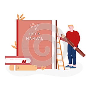 User Manual Tutorial Concept. User Reading Guidebook and Writing Technical Instructions. Male Character with Huge Pencil