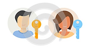 User passkey icon flat vector cartoon graphic, personal pass key digital virtual access symbol set, man woman profile secure photo