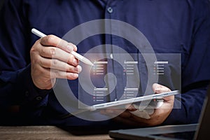The user points to a folder at the virtual screen to work. Storing corporate work data in the online cloud. Database management