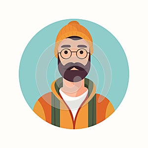 User profile avatar of person with beard, mustache, wearing knitted hat on head. Man face portrait in circle. Vector illustration