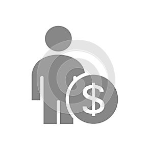 User profile with coin gray icon. Earning, investing money symbol