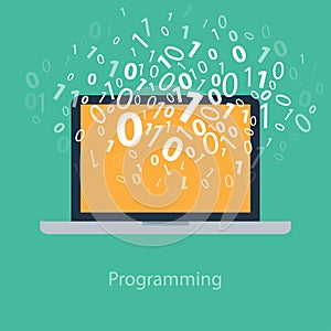 User programming coding binary code on notebook.