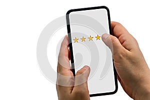 User rating and review service evaluates the mobile app or on the website, isolated on white
