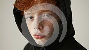 User redhead boy wearing black hoodie. Photograph by Loretta Lux,