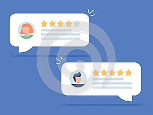 User reviews online. Customer feedback review experience rating concept. User client service message.