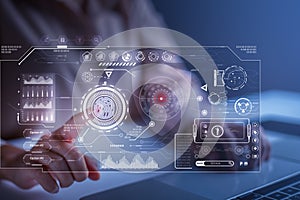 User's hand scanning fingerprint to go through security system to enter the network computer. Security concept for accessing