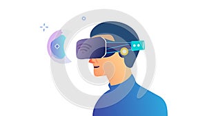 User's head with VR glasses, abstract light from headset, virtual vision, vector design Generative AI