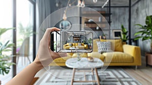 A user& x27;s smartphone displays an AR concept of a chic urban living space featuring a vibrant yellow sofa and modern