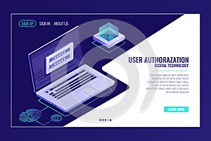User sign up or sign in page, feedback, laptop with authorization form on screen, web page template banner vector photo