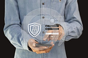 User types login and password. Data protection and secure internet access Cyber ??security, cyber security concepts