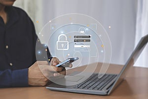 User types login and password. Data protection and secure internet access Cyber ??security, cyber security concepts.