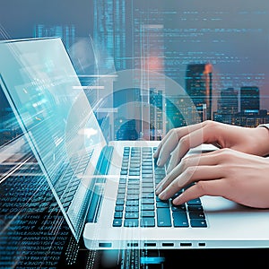 User Typing on Laptop with Digital Interface. Data Analysis & Modern Technology