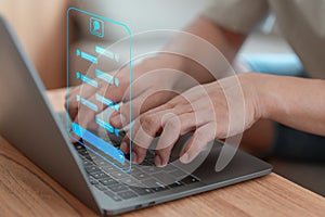 User use a laptop computer with technology smart robot AI chatbot for chat. photo