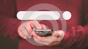 User using a mobile phone clicking internet search bar. SEO technology networking engine optimization internet with search bar.