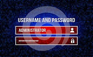 Username field - username and password in the Internet browser, the background of the stream of binary matrix code on