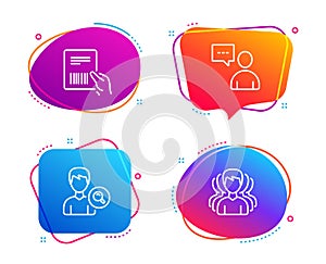 Users chat, Parcel invoice and Search people icons set. Group sign. Vector