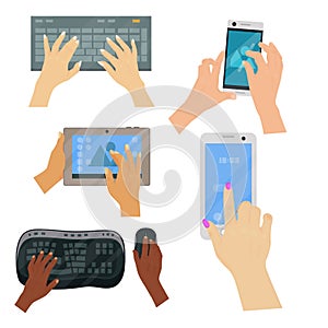 Users hands on keyboard computer touch gestures technology internet work swipe typing tool vector illustration.