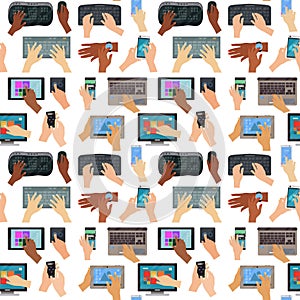 Users hands on keyboard computer seamless pattern background touch gestures technology internet work swipe typing tool