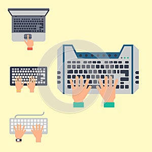 Users hands on keyboard and mouse of computer technology internet work typing tool vector illustration