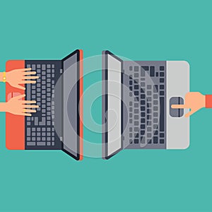 Users hands on keyboard and mouse of computer technology internet work typing tool vector illustration