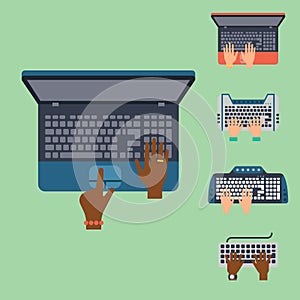 Users hands on keyboard and mouse of computer technology internet work typing tool vector illustration