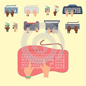 Users hands on keyboard and mouse of computer technology internet work typing tool vector illustration