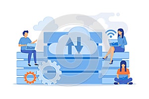 Users with laptops working with database. Data storage and organization,