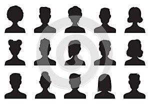 Users silhouette icons. Male and female head silhouettes. Anonymous person heads avatar vector icon set photo