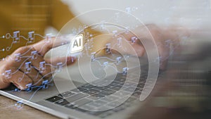 Users use AI machine learning on virtual screens with big data and computer code: AI Artificial Intelligence, Data Science, and