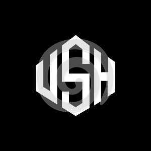 USH letter logo design with polygon shape. USH polygon and cube shape logo design. USH hexagon vector logo template white and