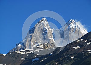 Ushba mountain, rocky peaks with snow in Svanetia Caucasian mountains in Georgia