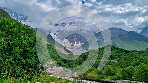 Ushguli- Patara Enguri River flowing down the valley in the Greater Caucasus Mountain Range in Georgia. Flowers