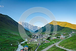 Ushguli village landscape at sunset in Svaneti region, Georgia