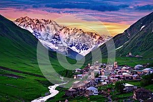 Ushguli village near highest georgian mountain Shkhara at sunset in Svaneti, Georgia