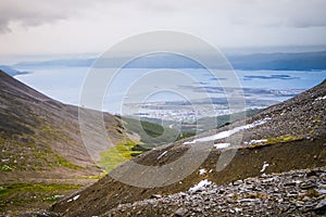 Ushuaia aerial view from the Martial Glacier. Tierra del Fuego in Argentina