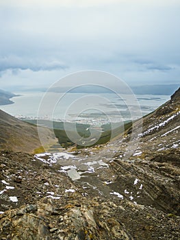 Ushuaia aerial view from the Martial Glacier. Tierra del Fuego in Argentina