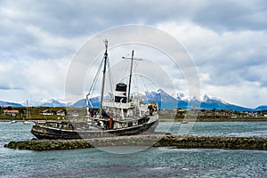 The wreck of Saint Christopher aground in the harbor of Ushuaia