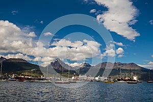 Ushuaia from the sea with ships and mountains, Patagonia
