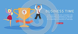 Usiness time banner, profitable website, businessman winner, concept successful teamwork, cartoon style vector