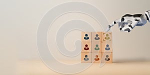 Using AI for recruiting concept. 3d rendering robot hand put ,pick or choose the one who got idea or special or right man.
