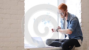 Using Apps in Smartwatch while Sitting in Window Relax Man