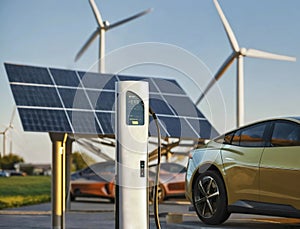 Using of charge station, solar panel and windmill background. Sustainability assessment, renewable energy concept. Electric